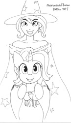 Size: 523x900 | Tagged: safe, artist:moronsonofboron, derpibooru import, starlight glimmer, trixie, human, cape, clothes, hat, humanized, trixie's cape, trixie's hat