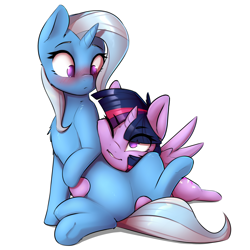 Size: 2400x2400 | Tagged: safe, artist:captainpudgemuffin, derpibooru import, trixie, twilight sparkle, twilight sparkle (alicorn), alicorn, pony, unicorn, blushing, cheek fluff, chest fluff, commission, cuddling, cute, diatrixes, female, grin, lesbian, mare, no pupils, one eye closed, shipping, simple background, smiling, squishy cheeks, twixie, wink