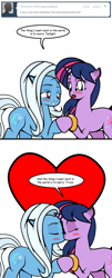 Size: 488x1205 | Tagged: safe, artist:dekomaru, derpibooru import, trixie, twilight sparkle, pony, unicorn, ask, blushing, eyes closed, female, heart, kissing, lesbian, mare, ring, shipping, simple background, tumblr, tumblr:ask twixie, twixie, wedding ring, white background