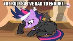 Size: 605x343 | Tagged: safe, derpibooru import, edit, edited screencap, screencap, twilight sparkle, pony, unicorn, caption, cut, eyepatch, female, image macro, mare, solo