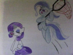 Size: 640x480 | Tagged: safe, artist:invaderzina, derpibooru import, rarity, trixie, pony, unicorn, net, tea, traditional art