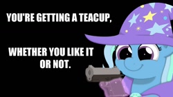 Size: 1280x720 | Tagged: safe, artist:ljdamz1119, derpibooru import, trixie, pony, unicorn, gun, handgun, magic, pistol, solo, that pony sure does love teacups, weapon