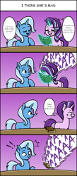 Size: 650x1485 | Tagged: safe, artist:acesrockz, derpibooru import, starlight glimmer, trixie, pony, unicorn, aaaaaaaaaa, anger magic, blatant lies, book, comic, cross-popping veins, denial, dialogue, exclamation point, eyes closed, female, levitation, magic, mare, open mouth, speech bubble, telekinesis, yelling
