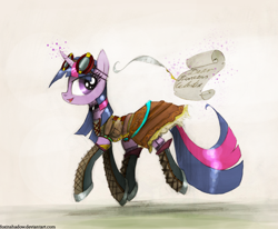 Size: 1150x946 | Tagged: safe, artist:foxinshadow, derpibooru import, twilight sparkle, clothes, dress, goggles, magic, quill, solo, steampunk