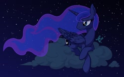 Size: 1867x1164 | Tagged: safe, artist:grandpalove, princess luna, alicorn, pony, cloud, frown, missing accessory, night, prone, sad, solo, stars