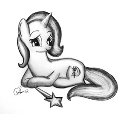 Size: 900x836 | Tagged: safe, artist:flutteryay56, derpibooru import, trixie, monochrome, smiling, traditional art, wand