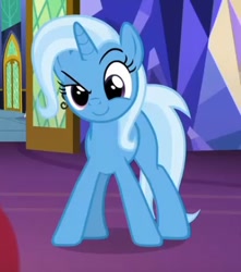 Size: 428x484 | Tagged: safe, derpibooru import, screencap, trixie, pony, all bottled up, cropped, happy, raised eyebrow, smiling, smirk, solo
