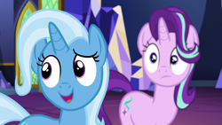 Size: 1280x720 | Tagged: safe, derpibooru import, screencap, starlight glimmer, trixie, pony, unicorn, all bottled up, female, mare, open mouth, twilight's castle