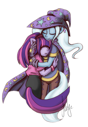 Size: 837x1203 | Tagged: safe, artist:mitsemegalotis, derpibooru import, trixie, twilight sparkle, anthro, female, hug, human facial structure, lesbian, shipping, twixie