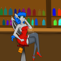 Size: 1280x1280 | Tagged: safe, artist:thiefdsaara1, artist:thomas tesla, derpibooru import, oc, oc only, oc:countess, anthro, bat pony, alcohol, armpits, bar, bat pony oc, breasts, cleavage, clothes, cocktail dress, drink, female, gilf, high heels, milf, older, shoes, socks, solo, stockings, thigh highs, watermark