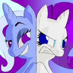 Size: 1000x1000 | Tagged: safe, artist:facelessguru, derpibooru import, rarity, trixie, pony, unicorn, angry, grin