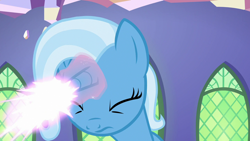 Size: 1280x720 | Tagged: safe, derpibooru import, screencap, trixie, pony, all bottled up, eyes closed, glowing horn, magic, solo