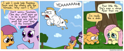 Size: 850x353 | Tagged: safe, artist:fadri, derpibooru import, bulk biceps, fluttershy, scootaloo, twilight sparkle, pegasus, pony, comic:and that's how equestria was made, comic, scootaloo can't fly
