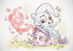 Size: 1080x764 | Tagged: safe, artist:assasinmonkey, derpibooru import, starlight glimmer, trixie, pony, unicorn, all bottled up, anger magic, chibi, cute, duo, magic, open mouth