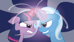 Size: 1200x692 | Tagged: safe, artist:spacekingofspace, derpibooru import, trixie, twilight sparkle, angry, grin