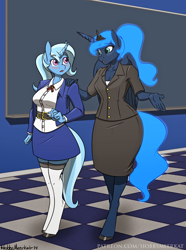 Size: 1280x1724 | Tagged: safe, artist:hobbsmeerkat, princess luna, trixie, anthro, unguligrade anthro, belt, blouse, blushing, chalk, chalkboard, clothes, jacket, school, school uniform, skirt, student, teacher