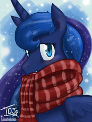 Size: 2700x3600 | Tagged: safe, artist:dracojayproduct, princess luna, alicorn, pony, clothes, scarf, snow, snowfall, solo