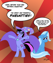 Size: 841x1008 | Tagged: safe, artist:trpeal, derpibooru import, trixie, oc, oc:pixelkitties, accessory swap, costume, trixie's cape, trixie's hat