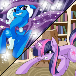 Size: 2000x2000 | Tagged: safe, artist:animecreator, derpibooru import, trixie, twilight sparkle, angry, floppy ears, glare, golden oaks library, grin, gritted teeth, library, magic, smiling, stage, standoff