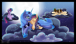 Size: 1900x1100 | Tagged: safe, artist:blackfreya, princess luna, twilight sparkle, twilight sparkle (alicorn), oc, oc:mayday parker sparkle, alicorn, pony, boop, crossover, crossover shipping, female, mare, night, noseboop, offspring, parent:peter parker, parent:twilight sparkle, parents:spidertwi, peter parker, s1 luna, spider-man, spiders and magic ii: eleven months, spiders and magic: rise of spider-mane, spidertwi