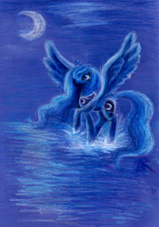 Size: 1396x2000 | Tagged: safe, artist:zarielcharoitite, princess luna, alicorn, pony, moon, night, solo, spread wings, traditional art, water