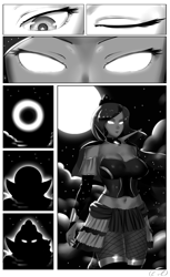 Size: 1000x1634 | Tagged: safe, artist:lvl, princess luna, human, comic:life master saga, belly button, breasts, cleavage, comic, female, fishnet stockings, glowing eyes, humanized, monochrome, moon, solo, stars, translation