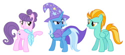 Size: 901x396 | Tagged: safe, artist:cloudyglow, artist:jeatz-axl, artist:pasuri98, derpibooru import, edit, lightning dust, suri polomare, trixie, pony, unicorn, female, friendshipping, mare, trio, vector