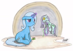 Size: 1432x1000 | Tagged: safe, artist:moonlightscribe, derpibooru import, trixie, pony, unicorn, female, levitation, magic, mare, needle, plushie, sad, solo, thread, traditional art