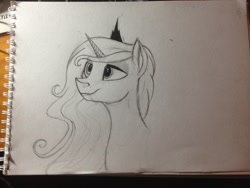 Size: 1280x960 | Tagged: safe, artist:opal563, princess luna, alicorn, pony, lunadoodle, monochrome, solo, traditional art