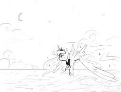 Size: 1280x968 | Tagged: safe, artist:darkflame75, princess luna, alicorn, pony, flying, lunadoodle, monochrome, moon, ocean, solo