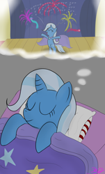 Size: 2000x3304 | Tagged: safe, artist:mikoruthehedgehog, derpibooru import, trixie, pony, unicorn, dream, female, fireworks, mare, sleeping, solo, stage