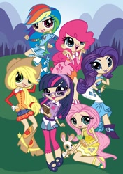 Size: 600x850 | Tagged: safe, artist:artnerdem, derpibooru import, applejack, fluttershy, pinkie pie, rainbow dash, rarity, twilight sparkle, clothes, dress, glasses, humanized, mane six, mane six opening poses, skirt