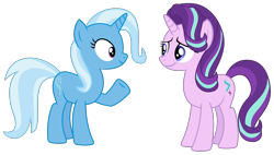 Size: 3544x2019 | Tagged: safe, artist:sketchmcreations, derpibooru import, starlight glimmer, trixie, pony, unicorn, all bottled up, female, looking at each other, mare, raised hoof, simple background, smiling, transparent background, vector