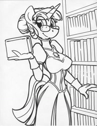 Size: 786x1017 | Tagged: safe, artist:trollie trollenberg, derpibooru import, twilight sparkle, anthro, book, clothes, curvy, dress, glasses, library, monochrome, solo