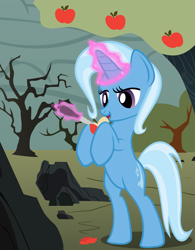 Size: 1000x1280 | Tagged: safe, artist:dcencia, derpibooru import, trixie, pony, apple, apple tree, bipedal, knife, magic, solo, standing, tree