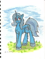 Size: 1230x1604 | Tagged: safe, artist:zubias, derpibooru import, trixie, pony, unicorn, blue coat, female, horn, mare, solo, traditional art, two toned mane