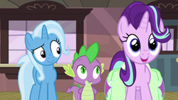 Size: 1280x720 | Tagged: safe, derpibooru import, screencap, spike, starlight glimmer, trixie, dragon, pony, unicorn, all bottled up, cute, female, glimmerbetes, mare, the amazing trio of friendship