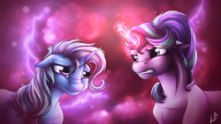 Size: 3840x2160 | Tagged: safe, artist:lupiarts, derpibooru import, starlight glimmer, trixie, pony, unicorn, all bottled up, angry, duo, female, magic, signature