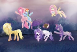 Size: 1456x998 | Tagged: safe, artist:v-invidia, derpibooru import, applejack, fluttershy, pinkie pie, rainbow dash, rarity, twilight sparkle, earth pony, pegasus, pony, rabbit, unicorn, book, mane six, rain, umbrella, wet mane