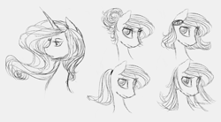 Size: 1280x709 | Tagged: safe, artist:alicornsandgames, princess luna, alicorn, pony, alternate hairstyle, lunadoodle, monochrome, ponytail, sketch dump, solo, traditional art