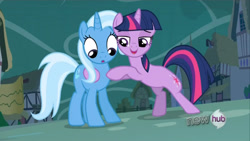 Size: 1280x720 | Tagged: safe, derpibooru import, screencap, trixie, twilight sparkle, magic duel, lidded eyes, out of context