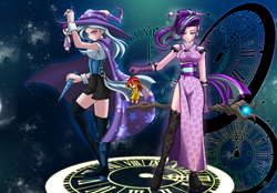 Size: 3200x2222 | Tagged: safe, artist:mauroz, derpibooru import, starlight glimmer, sunset shimmer, trixie, twilight sparkle, human, boots, cape, cheongsam, clock, clothes, corset, cufflinks, cuffs (clothes), doll, dress, duo, female, gloves, hat, holding, humanized, looking at you, magic, magic circle, s5 starlight, shoes, side slit, socks, staff, staff of sameness, stockings, thigh highs, toy, trixie's cape, trixie's hat, voodoo doll