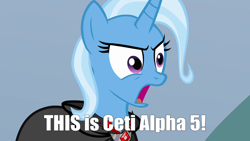 Size: 1280x720 | Tagged: safe, derpibooru import, trixie, magic duel, ceti alpha 5, image macro, meme, star trek, star trek ii: the wrath of khan, trixie yells at everything