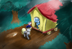 Size: 2070x1407 | Tagged: safe, artist:remenbrand, derpibooru import, derpy hooves, trixie, pegasus, pony, female, letter, mare, rain, trixie's wagon, wagon