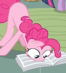 Size: 449x491 | Tagged: safe, derpibooru import, screencap, pinkie pie, twilight sparkle, earth pony, pony, ponyville confidential, animated, cropped, loop, offscreen character, reading, solo focus