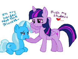 Size: 652x492 | Tagged: safe, artist:mericorn, derpibooru import, trixie, twilight sparkle, twilight sparkle (alicorn), alicorn, pony, crying, female, heart, lesbian, mare, shipping, twixie