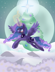 Size: 850x1100 | Tagged: safe, artist:candiphoenixes, princess luna, alicorn, pony, blushing, flying, hearth's warming eve, magic, snow, solo, tree