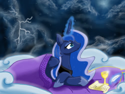 Size: 1024x768 | Tagged: dead source, safe, artist:tasticstarlight, princess luna, alicorn, pony, blanket, cloud, cloudy, cup, magic, night, paper, prone, quill, solo, telekinesis