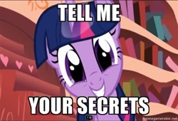 Size: 500x339 | Tagged: safe, derpibooru import, edit, edited screencap, screencap, twilight sparkle, pony, caption, female, image macro, mare, solo, tell me your secrets