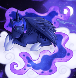 Size: 1096x1119 | Tagged: safe, artist:thepipefox, princess luna, alicorn, pony, cloud, cloudy, moon, night, prone, solo, spread wings